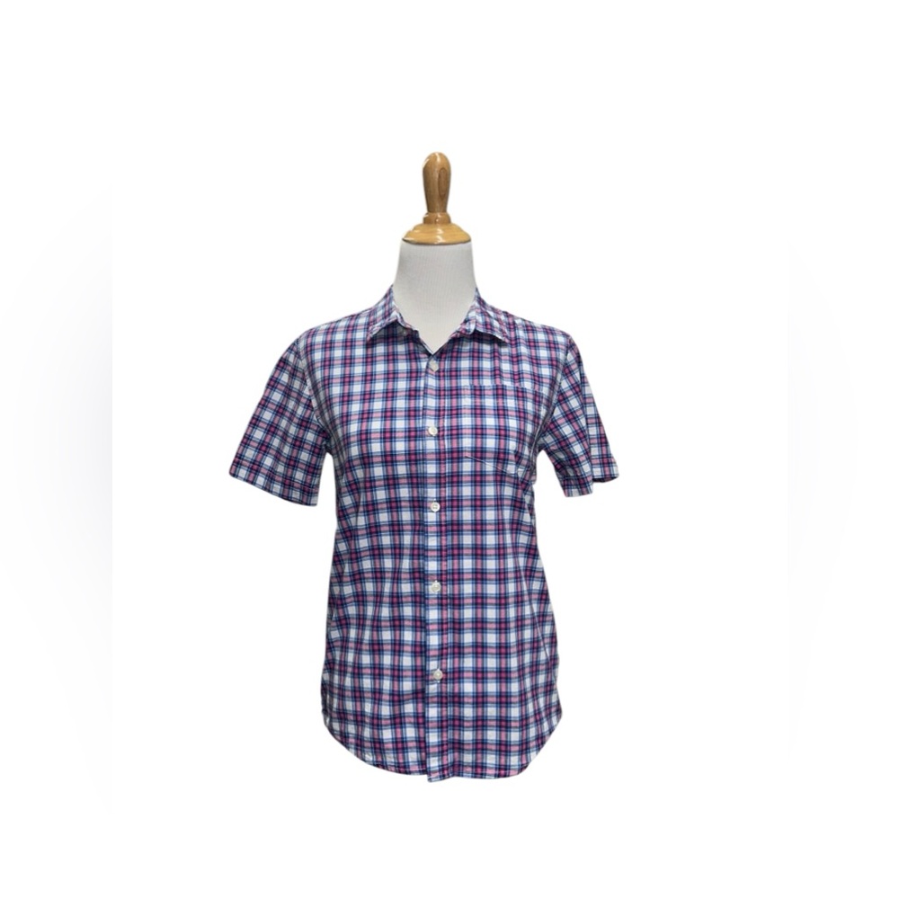 Old Navy boys xl 14-16 short sleeve pink blue plaid shirt